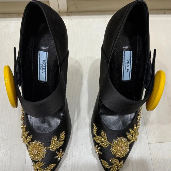 RARE AUTHENTIC Prada Heels w/ Gold Embellished Heels - Picture 2 of 7